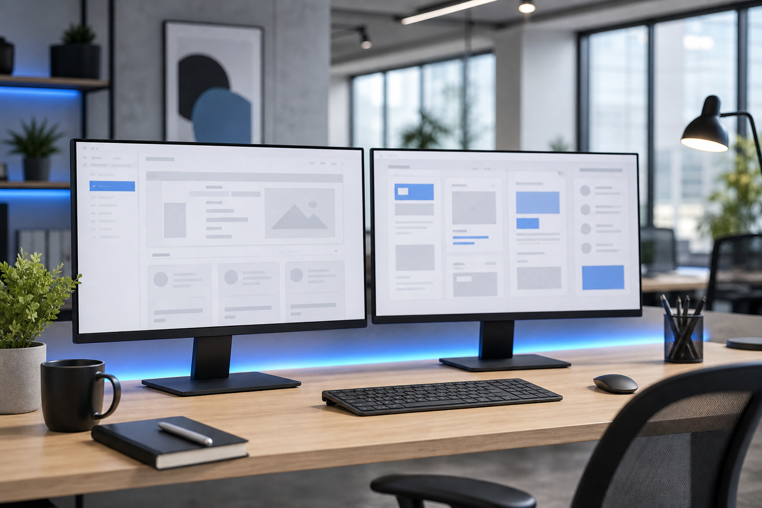 Modern web design agency workspace with dual monitors