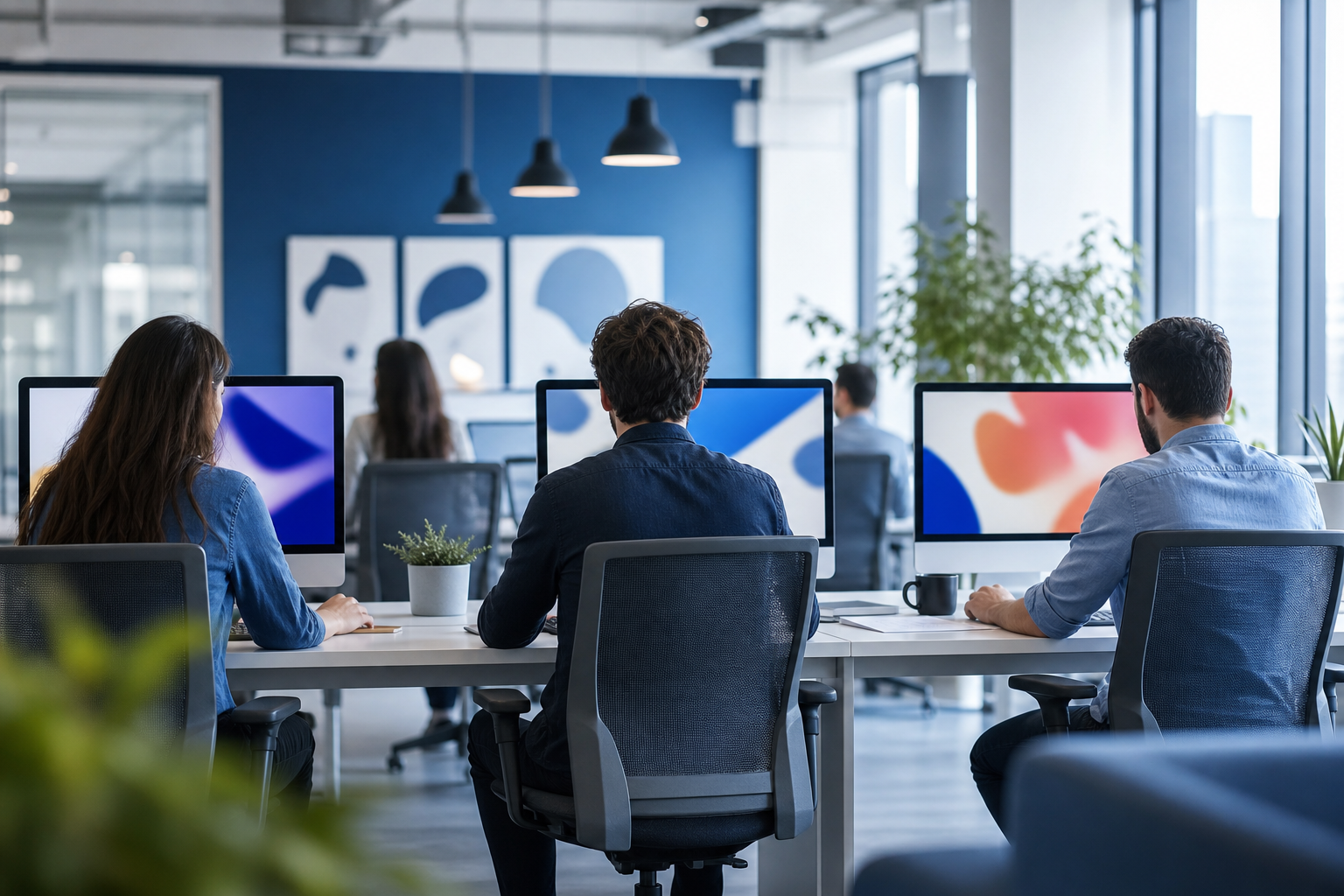 Professional web design team collaborating in a modern office