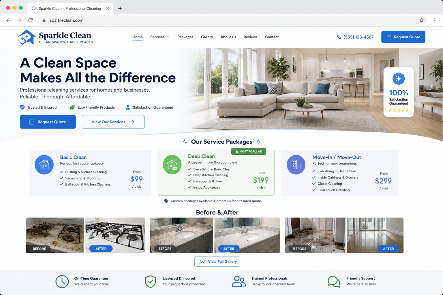 Cleaning business website mockup in browser with service packages