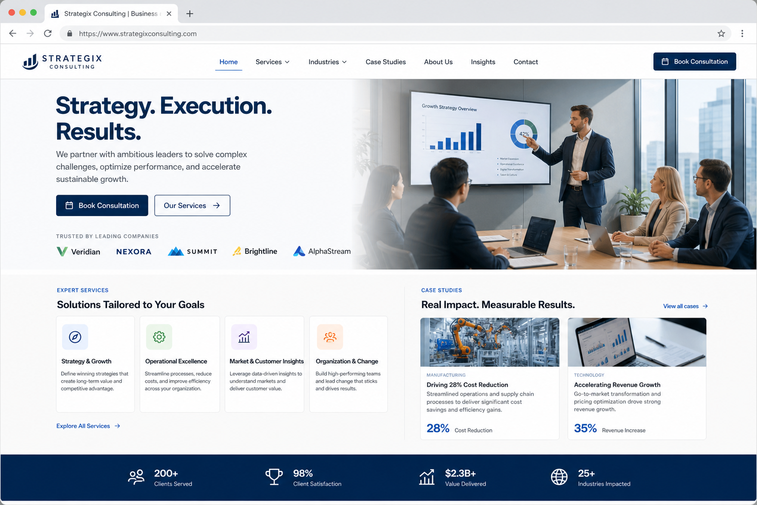 Consulting website mockup in browser with expert services