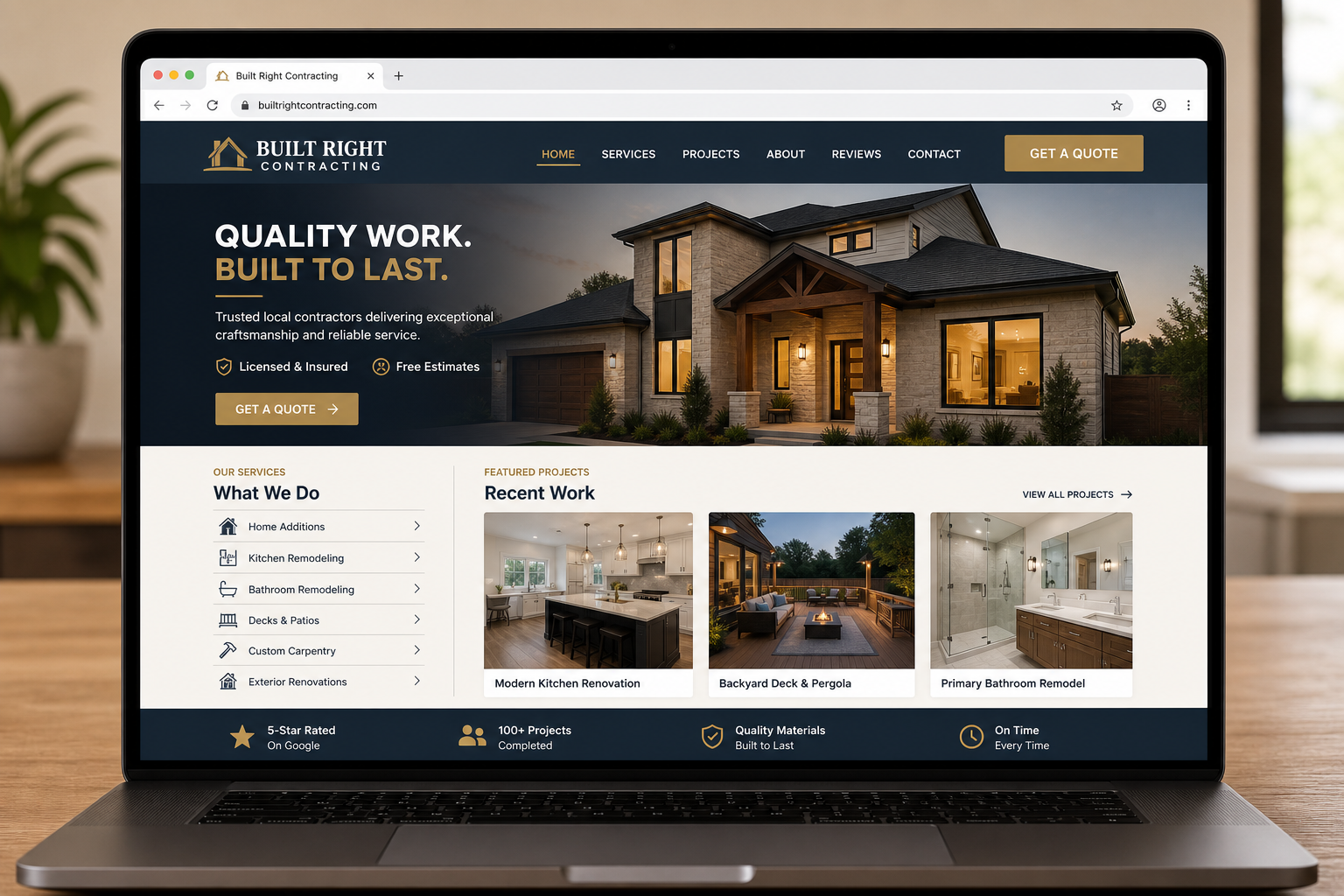 Contractor website mockup in browser with services and quote form
