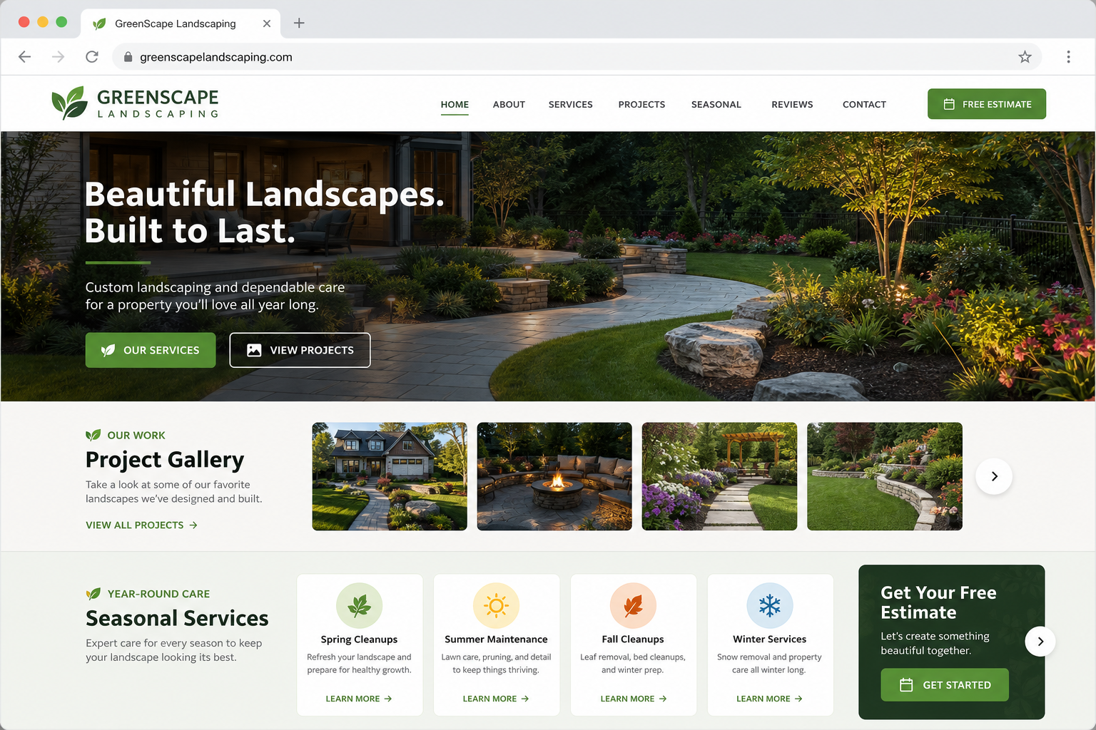 Landscaping website mockup in browser with project gallery