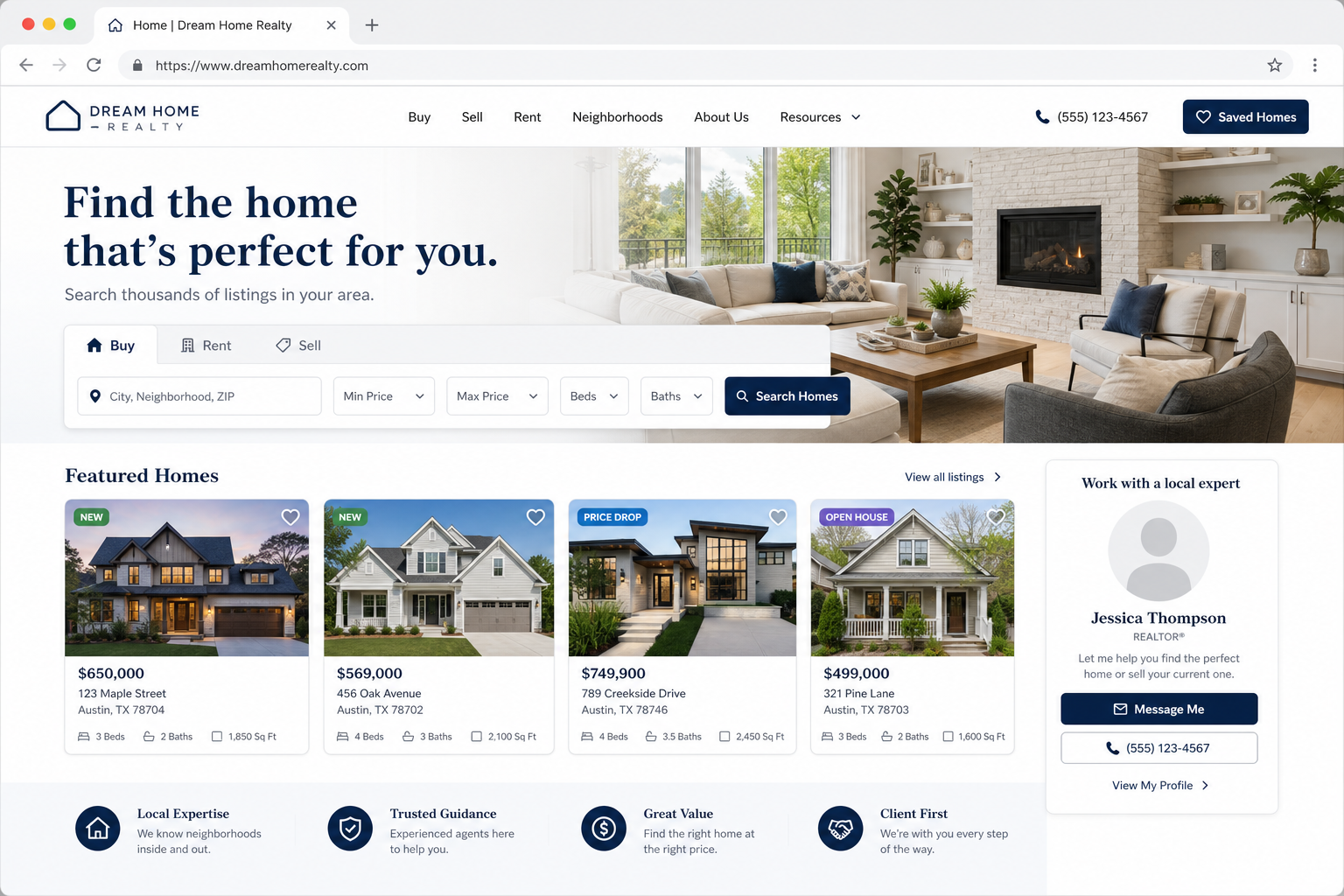 Real estate website mockup in browser with property listings