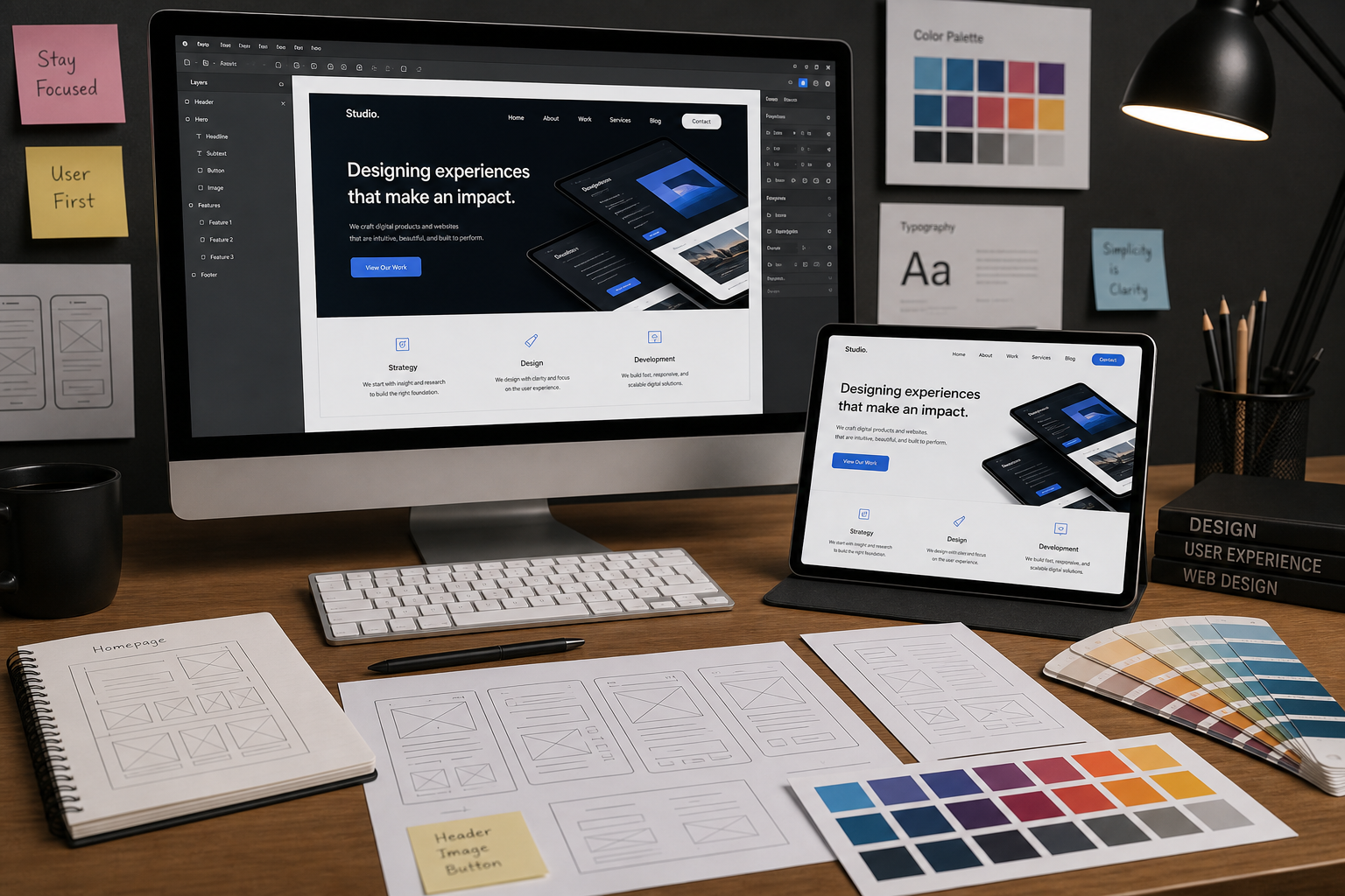 Website wireframes and UI design on a designer desk