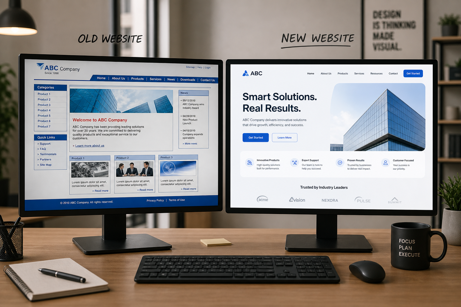 Before and after website redesign on computer screens